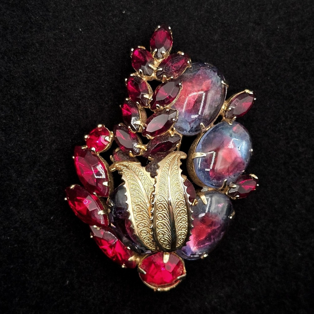 Weiss Heliotrope Glass Statement Brooch Floral Spray Red Rhinestone Vtg 2.75"